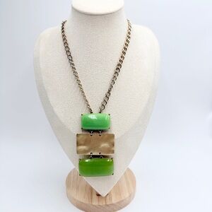 Gold Tone Chain Necklace with Green Resin & Marbled Panel Pendant